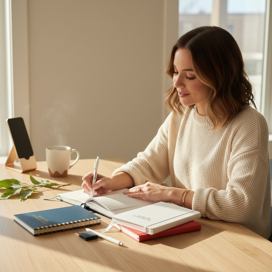 Woman calmly plans her day using the Kind Birdie Upward Planner