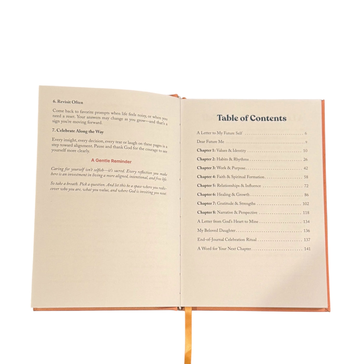 Open pages of The Aligned Journal - Guided Journal for Personal Realignment showing the table of contents with structured prompts for self-discovery.