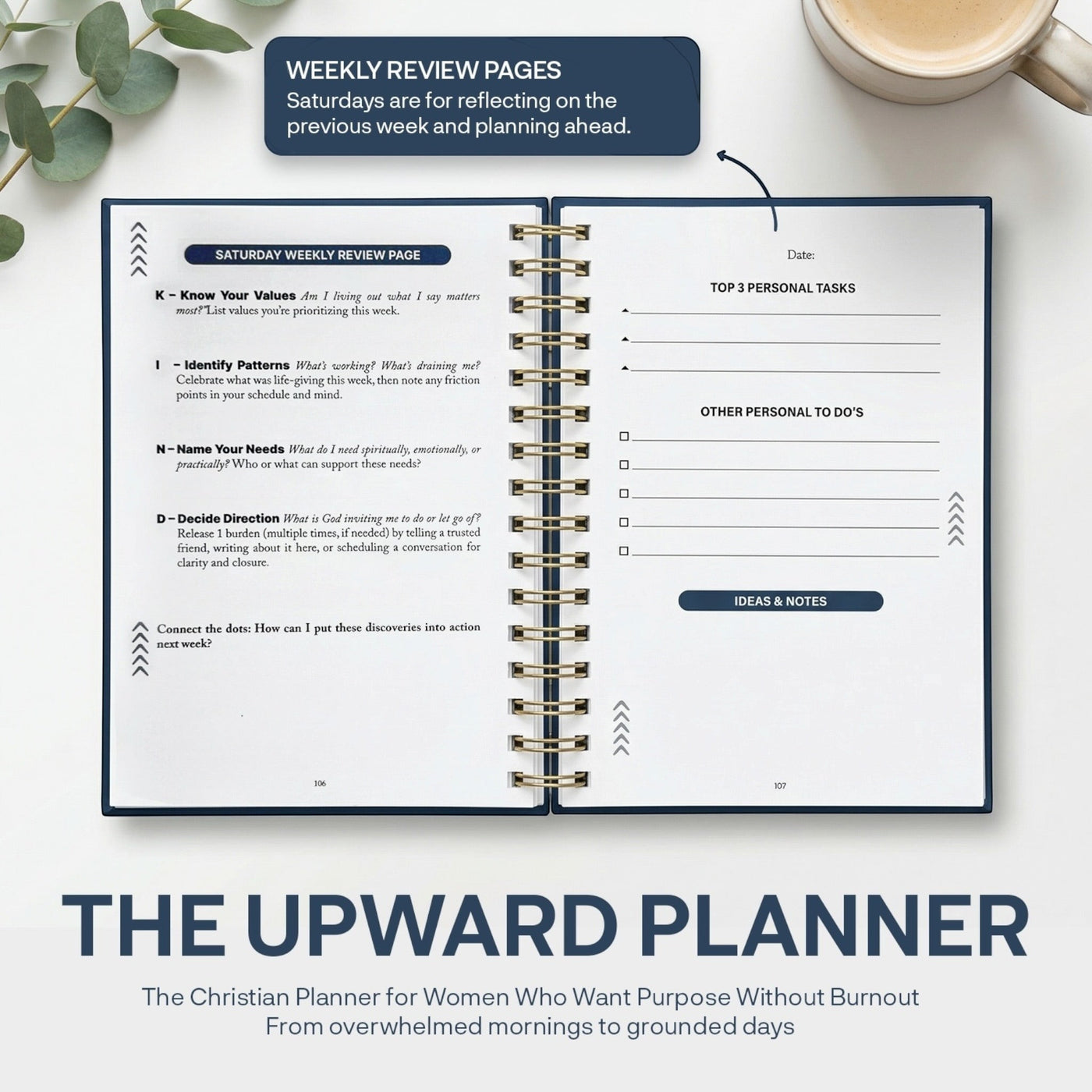 Kind Birdie Upward Planner, a 90-day Christian planner with a gold coil binding and ribbon bookmark, featuring weekly review pages.