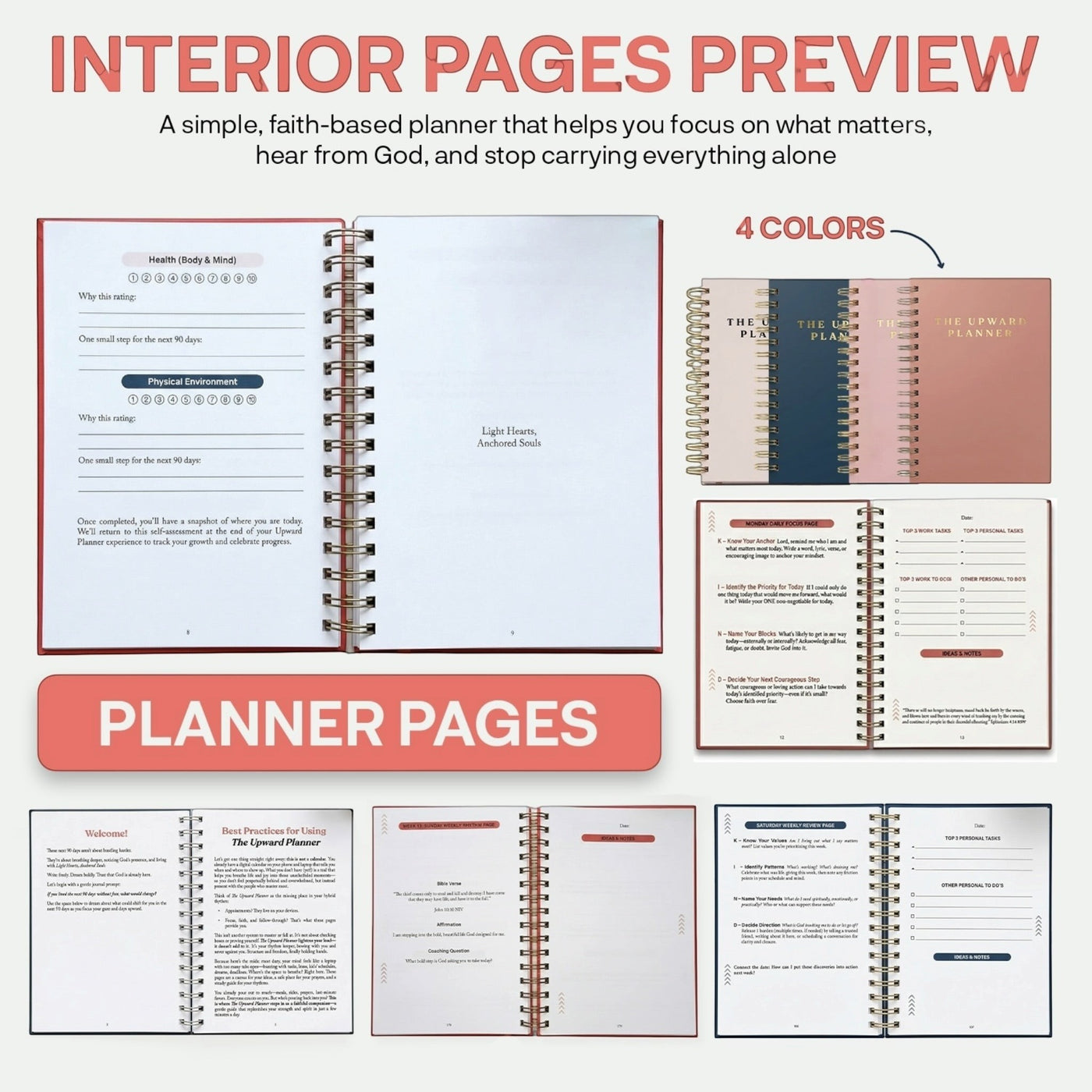 Kind Birdie Upward Planner interior pages preview showing 4 color options: coral, navy, blush, and rose gold.