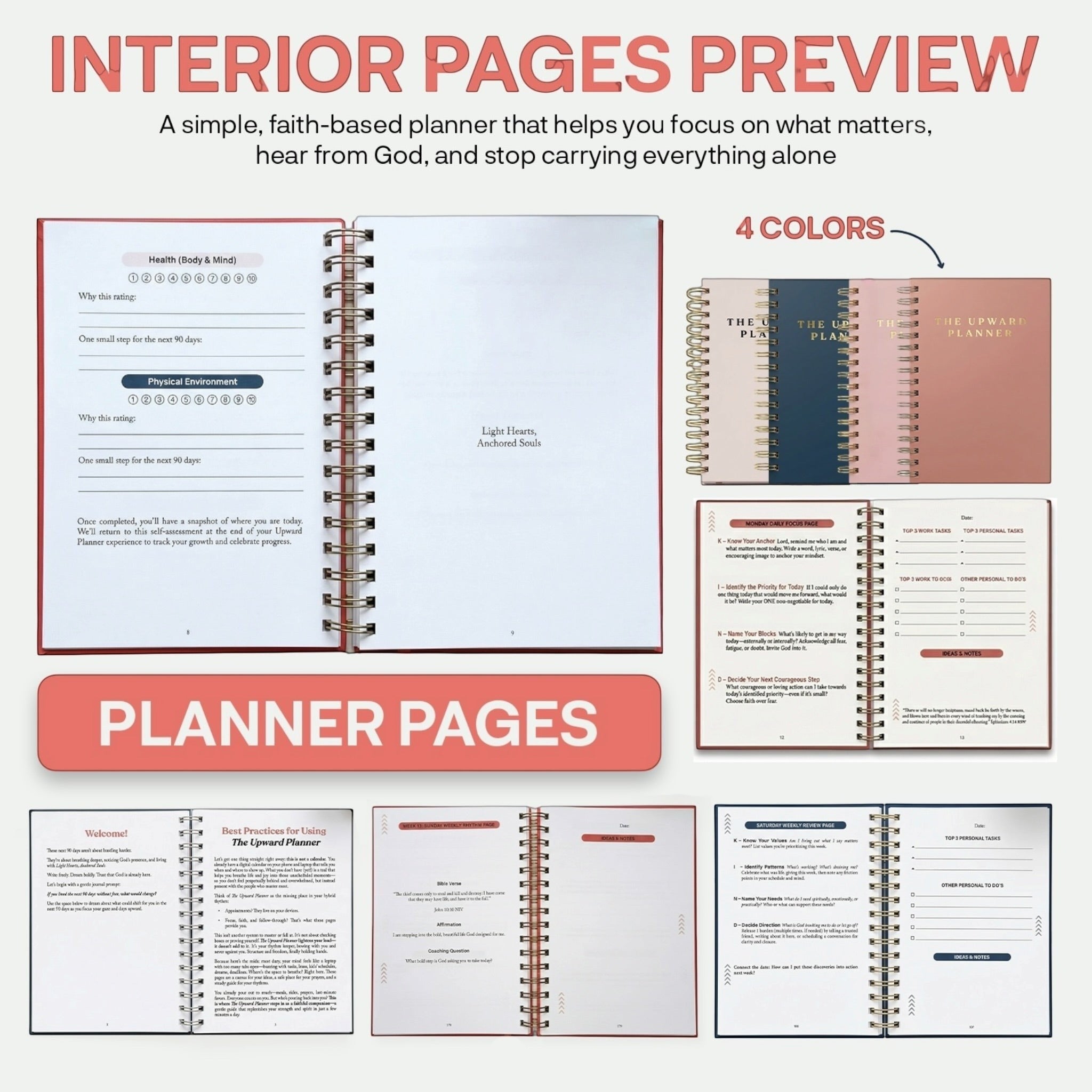 Kind Birdie Upward Planner interior pages preview showing 4 color options: coral, navy, blush, and rose gold.