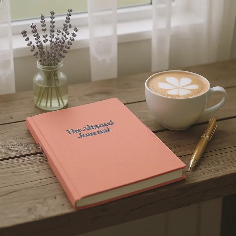 Kind Birdie The Aligned Journal, a coral-colored guided journal with blue text, next to a latte and a pen.