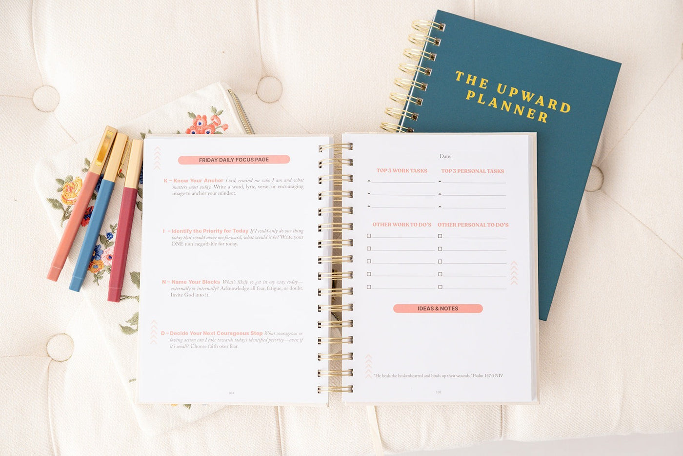 Kind Birdie Anchored Life Bundle: open planner with daily focus page and task list, teal planner, floral pouch, and pens.
