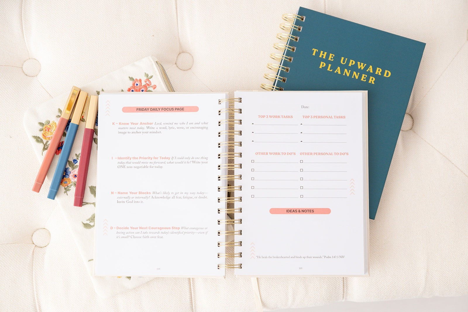 Kind Birdie Anchored Life Bundle: open planner with daily focus page and task list, teal planner, floral pouch, and pens.