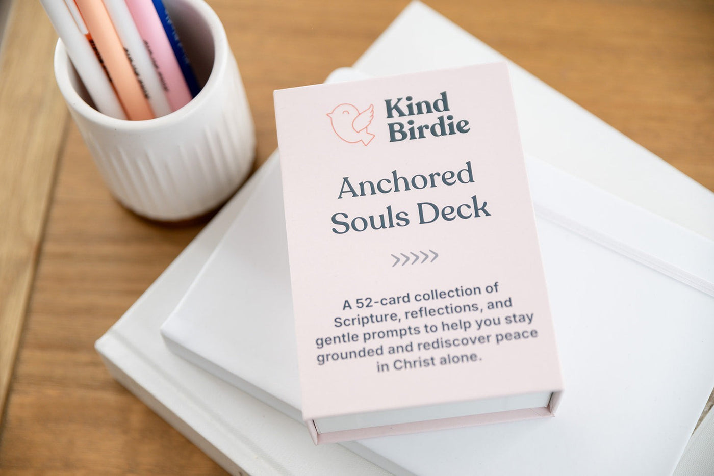 Kind Birdie Anchored Souls Deck, a 52-card collection of Scripture, reflections, and prompts to help you stay grounded in Christ.