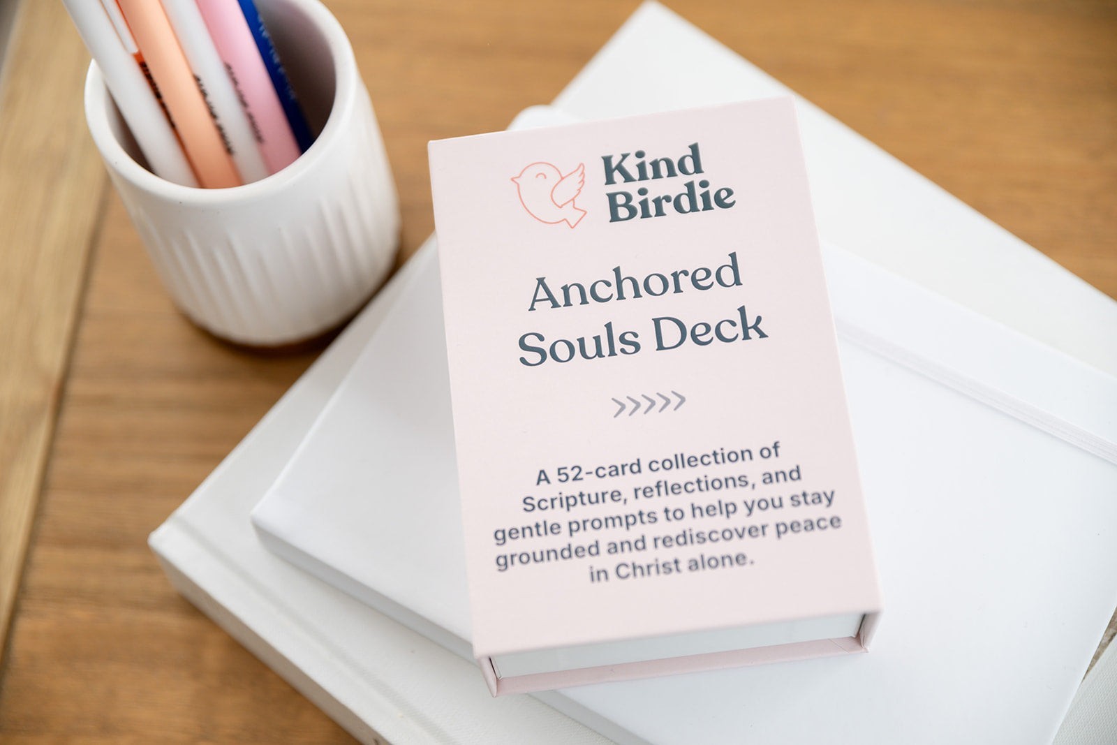 Kind Birdie Anchored Souls Deck, a 52-card collection of Scripture, reflections, and prompts to help you stay grounded in Christ.