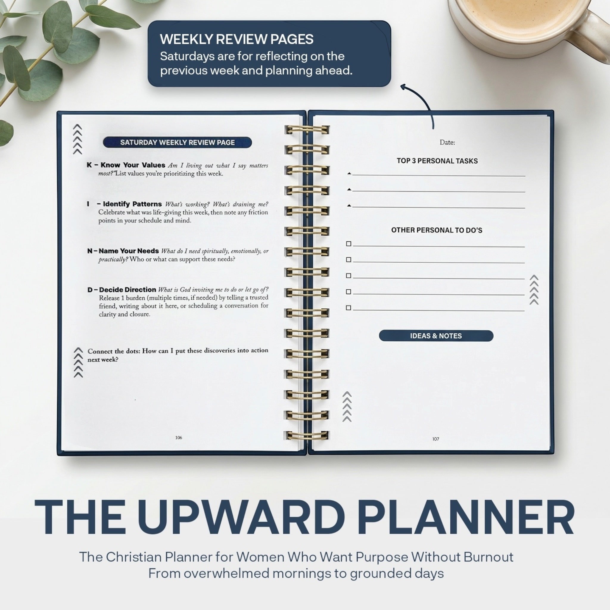Kind Birdie Upward Planner, a 90-day Christian planner with a gold coil binding and ribbon bookmark, featuring weekly review pages.