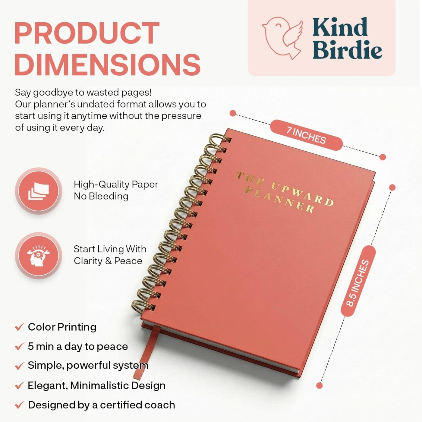 Kind Birdie Upward Planner, a coral-colored 90-day Christian planner with gold lettering and a gold spiral binding.
