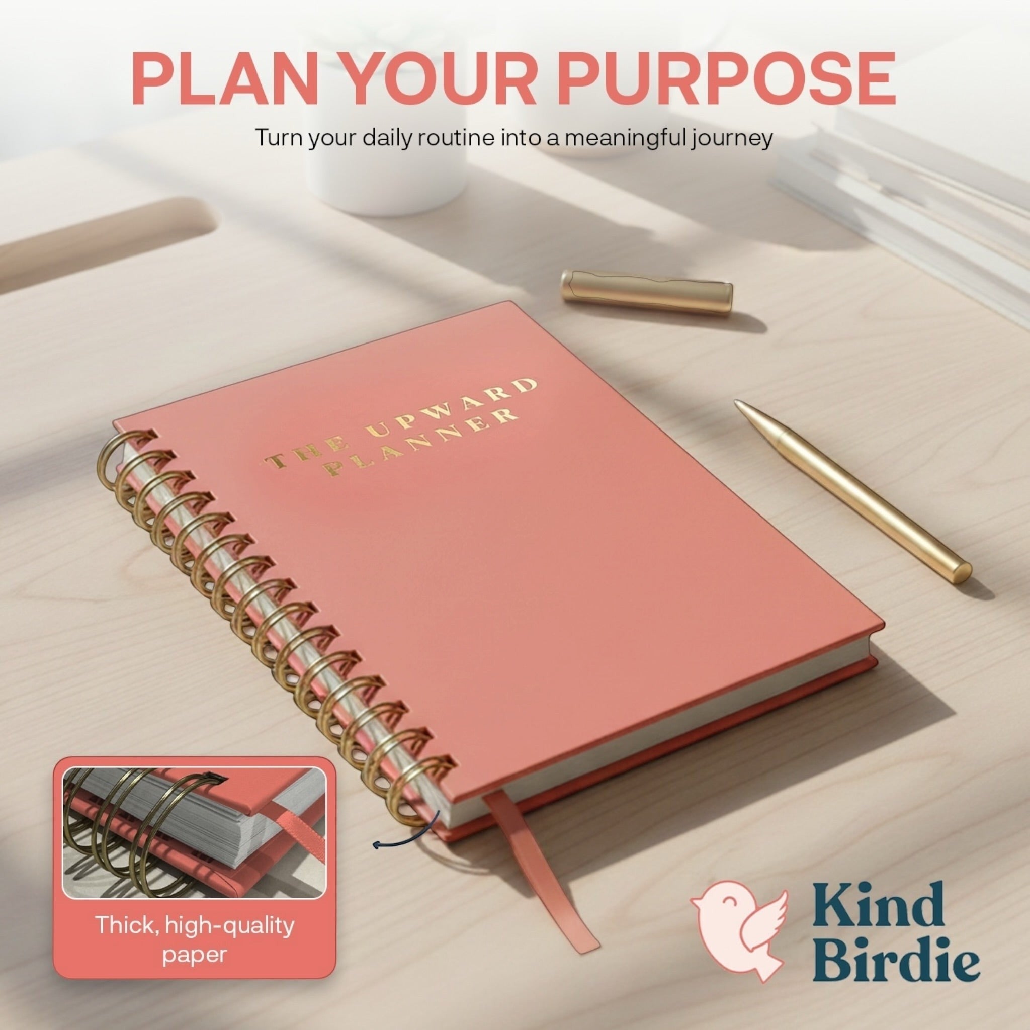 Kind Birdie Upward Planner, a coral pink 90-day Christian planner with gold lettering and coil binding, featuring thick, high-quality paper.