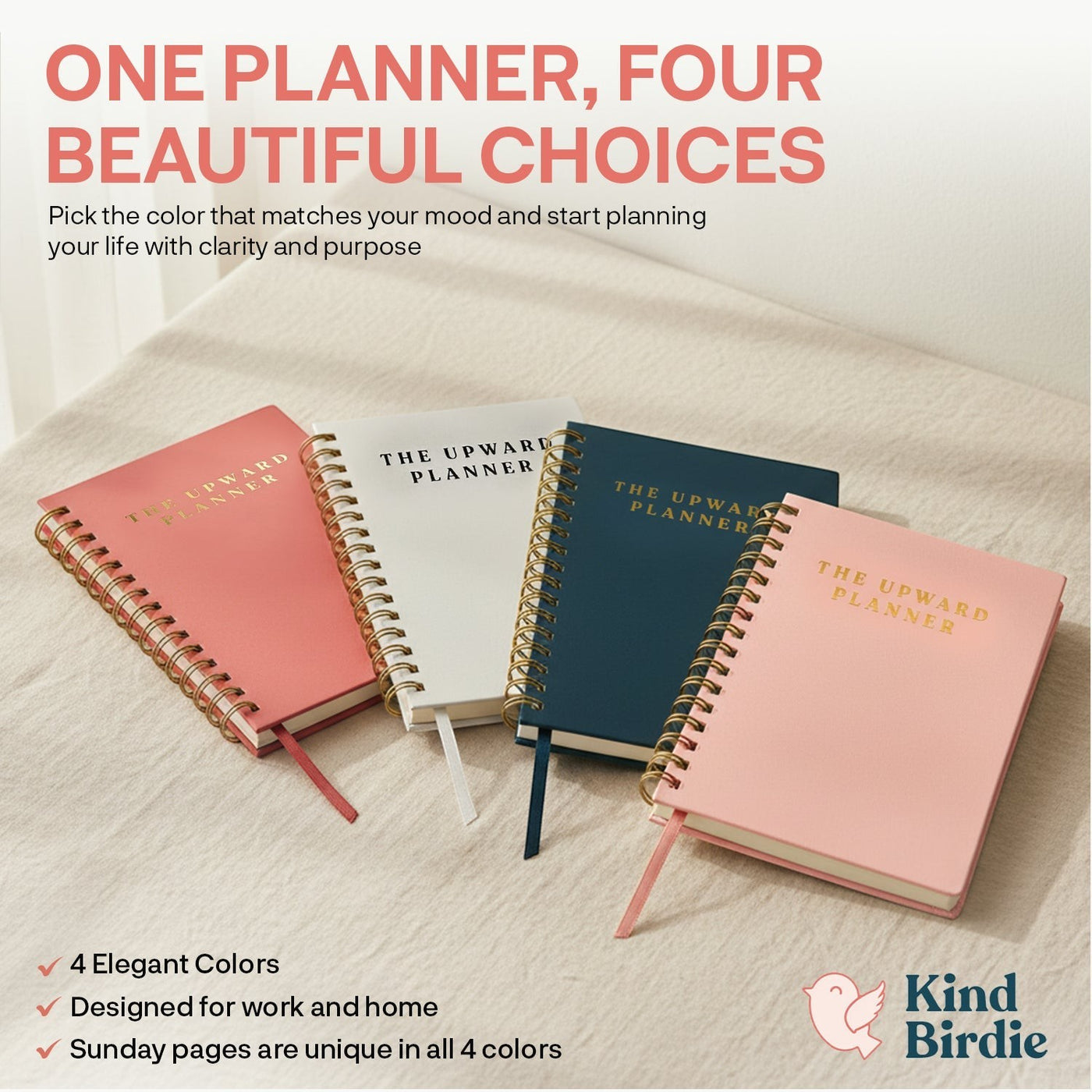 Kind Birdie Upward Planner, 90-day Christian planner in coral, white, navy, and pink with gold coil binding and ribbon bookmark.